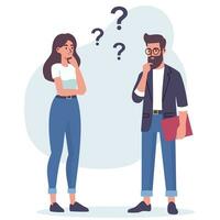 Flat vector illustration. A woman and a man are discussing issues, thinking about making a decision, coming up with an idea. Concept of joint idea