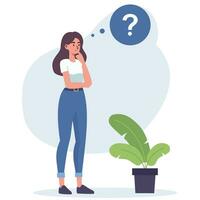 Flat vector illustration. Woman standing in a pensive pose. The concept of searching for the solution of the problem