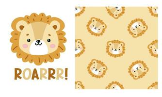 Vector seamless pattern and print for printing on clothing. Cute lion cub, Roar Lettering. Faces of a cute little lion cub, roar lettering, cat footprints. Cute animal faces on white background