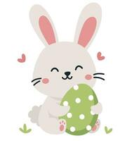 Flat vector illustration. Cute bunny hugging Easter egg