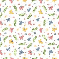 Seamless vector pattern. Multicolored butterflies, flowers and leaves. Pattern on white background