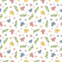 Seamless vector pattern. Multicolored butterflies, flowers and leaves. Pattern on white background