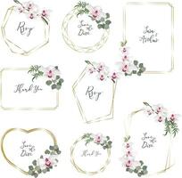 Vector set of gold frames of different shapes and with white orchid branches. Frames on white background for holiday design.