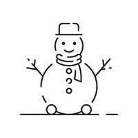 Snowman linear icon. Snow sculpture. Build with snowball. Christmas time festive decoration. Thin line customizable illustration. Contour symbol. Vector isolated outline drawing. Editable stroke.