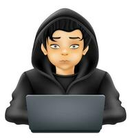 joven hacker programador eso especialista descifrador sentado a un ordenador portátil en un suéter con un capucha vector ilustración