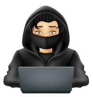 young hacker programmer it specialist coder sitting at a laptop in a sweater with a hood vector illustration