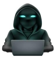 young hacker programmer it specialist coder sitting at a laptop in a sweater with a hood vector illustration