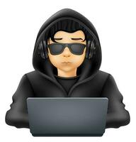 young hacker programmer it specialist coder sitting at a laptop in a sweater with a hood vector illustration