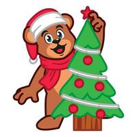 a Cute Teddy Bear Wearing a Christmas Hat and Scarf with christmas tree vector