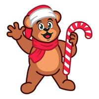 a Cute Teddy Bear Wearing a Christmas Hat and Scarf Holding a Candy Cane vector