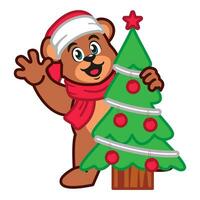 a Cute Teddy Bear Wearing a Christmas Hat and Scarf with christmas tree vector
