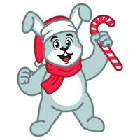 Cute Rabbit in a Santa Hat Holding a Candy Cane vector