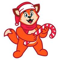 a Cute Fox in a Santa Hat and Scarf Holding a Candy Cane vector