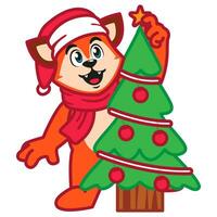 Cute Red Fox Animal Character with Christmas Tree vector