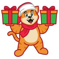 linda gato en Navidad disfraz con regalo caja vector