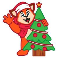 Cute Red Fox Animal Character with Christmas Tree vector