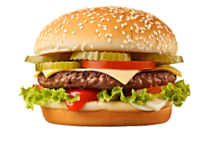 AI generated Close up photo of juicy big hamburger with cheese, sesame bun, pickles and tomatoes. Transparency PNG inside