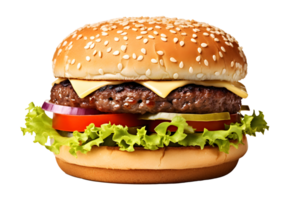 ai generado cerca arriba foto de jugoso grande hamburguesa con queso, sésamo bollo, pepinillos y Tomates. transparencia png dentro