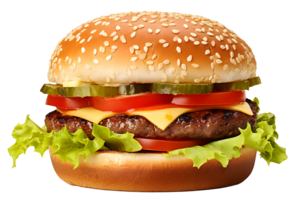 AI generated Close up photo of juicy big hamburger with cheese, sesame bun, pickles and tomatoes. Transparency PNG inside