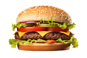 AI generated Close up photo of juicy big hamburger with cheese, sesame bun, pickles and tomatoes. Transparency PNG inside