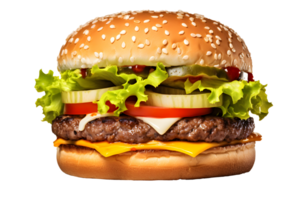 AI generated Close up photo of juicy big hamburger with cheese, sesame bun, pickles and tomatoes. Transparency PNG inside