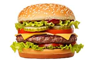 AI generated Close up photo of juicy big hamburger with cheese, sesame bun, pickles and tomatoes. Transparency PNG inside