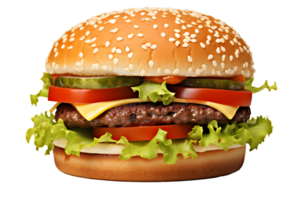 ai generiert schließen oben Foto von saftig groß Hamburger mit Käse, Sesam Brötchen, Gurken und Tomaten. Transparenz png Innerhalb