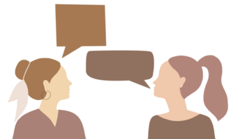 Young women talking together. People communicating. Positive dialog of girls. Speech bubbles Flat cartoon hand drawn illustration isolated png