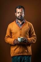 AI generated A man in an orange sweater holds a cup of coffee photo