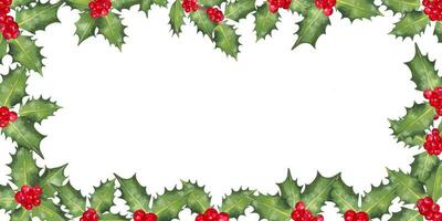Christmas horizontal frame of holly berries with leaves.Background for New Year, Christmas and seasonal holidays.Greeting cards, flyers and invitations.Markers and watercolor.Handmade isolated art vector