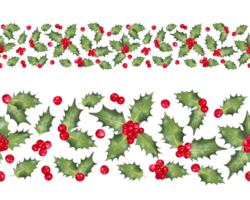 Christmas seamless horizontal border, frame of red holly berries with leaves. Decor for the winter holidays New Year, Christmas. Watercolor and marker.Botanical decoration.Isolated handmade art. png