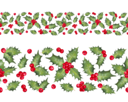 Natale senza soluzione di continuità orizzontale confine, telaio di rosso agrifoglio frutti di bosco con le foglie. arredamento per il inverno vacanze nuovo anno, Natale. acquerello e marcatore.botanico decorazione.isolato fatto a mano arte. png