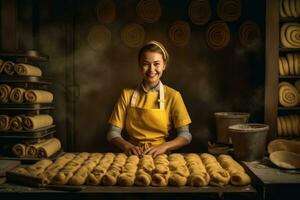 ai generado panadería deleite - un sonriente panadero creando un pan en el cocina foto