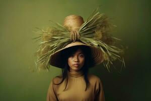 ai generado un joven mujer con único, alto como hierba sombrero soportes en un verde habitación. foto