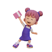 3D happy girl character holding book png