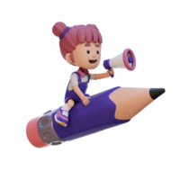 3d niña personaje montando un lápiz y participación megáfono png