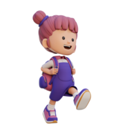 3d feliz menina personagem caminhando ir para escola segurando saco png