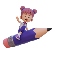 3D girl character riding a pencil and waving hand png