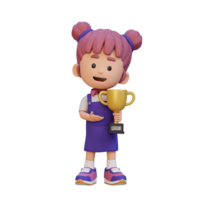 3D girl character celebrating win holding a trophy png