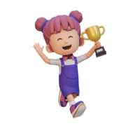3D girl character celebrating win holding a trophy png