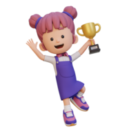 3D girl character celebrating win holding a trophy png