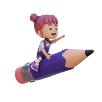 3d niña personaje montando un lápiz y señalando mano png