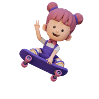 3d ragazza personaggio cavalcata skateboard png