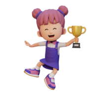 3D girl character celebrating win holding a trophy png