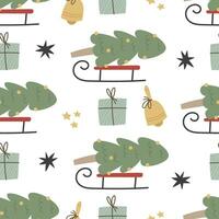 holiday Seamless pattern with cartoon sled, present, Christmas tree, decor elements. colorful vector for kids, flat style. hand drawing. Baby design for fabric, textile, print, wrapper.