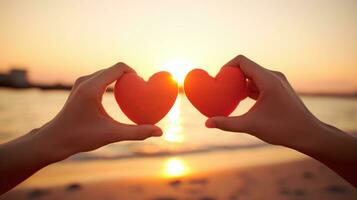 AI generated Hand holding a shape heart from the lover with sunlight background at the sea. Love on Valentine 's day or wedding. It expresses your love and care for your someone special to you. photo