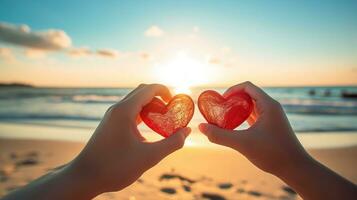 AI generated Hand holding a shape heart from the lover with sunlight background at the sea. Love on Valentine 's day or wedding. It expresses your love and care for your someone special to you. photo