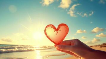 AI generated Hand holding a shape heart from the lover with sunlight background at the sea. Love on Valentine 's day or wedding. It expresses your love and care for your someone special to you. photo