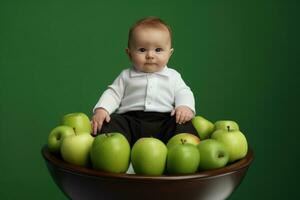 ai generado un bebé rodeado por un cuenco de verde manzanas foto
