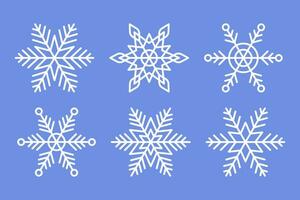 White Snowflakes Set on blue background. Vector Winter isolated icons in silhouette. Snow Crystals.